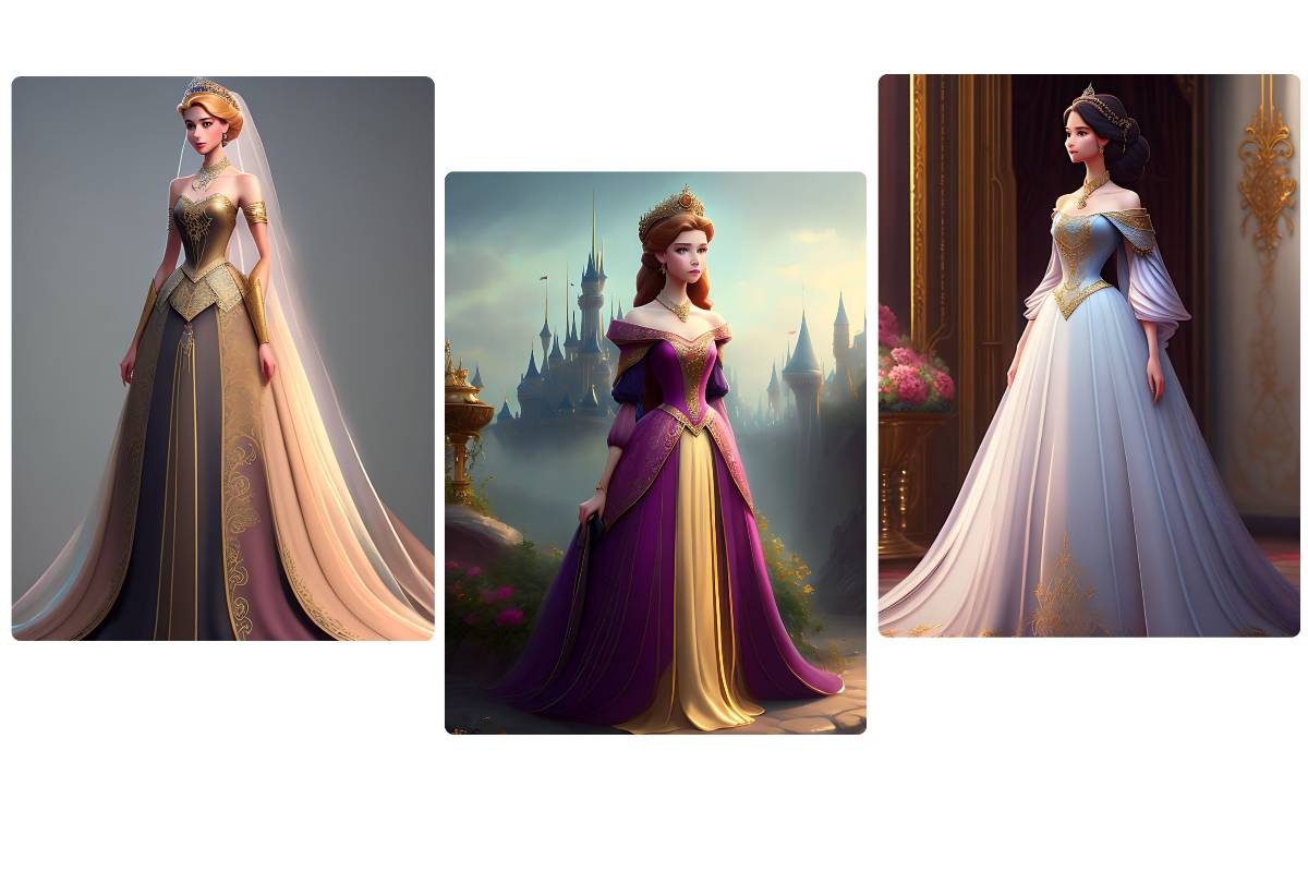 Tres princesas al estilo de Disney generadas en el generador de personajes de Disney de Fotor de forma gratuita