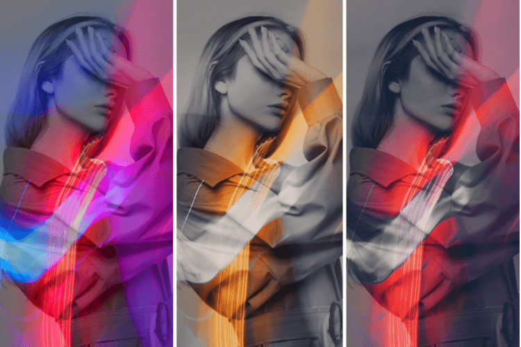 Three double exposure portraits with different filters