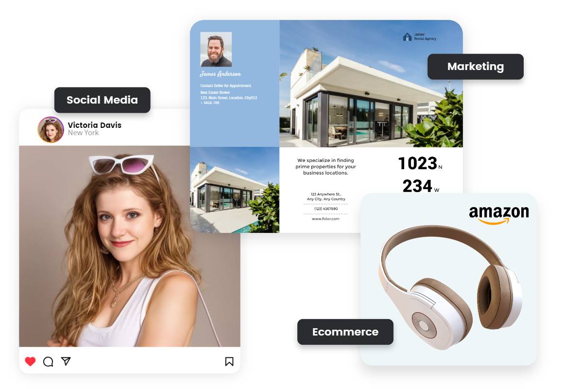 Drie door Fotor beeldverbeteraar verbeterde afbeeldingen - een persoonlijke lifestyle smartphonefoto voor delen op sociale media, een productafbeelding voor online winkels, en een vastgoedfoto voor het creëren van een reclamebrochure