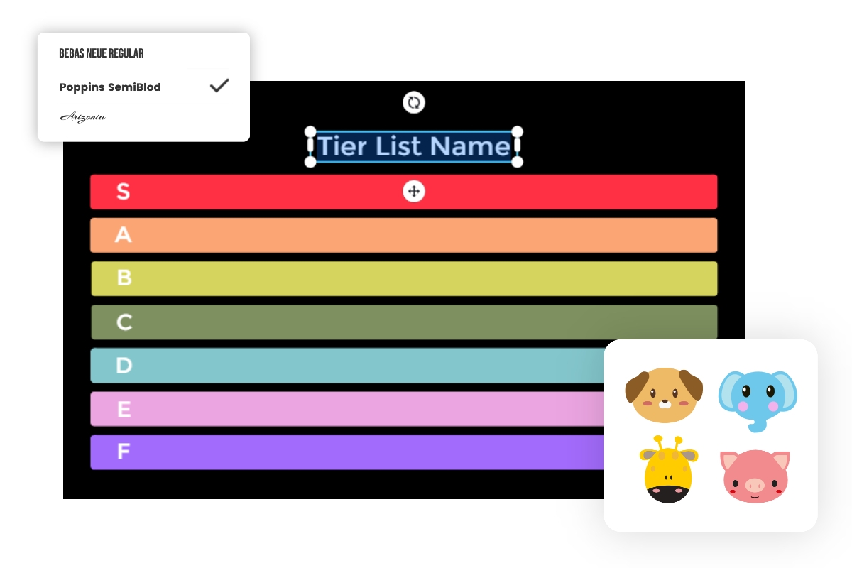 Tier list templates with sticker and fonts boxes