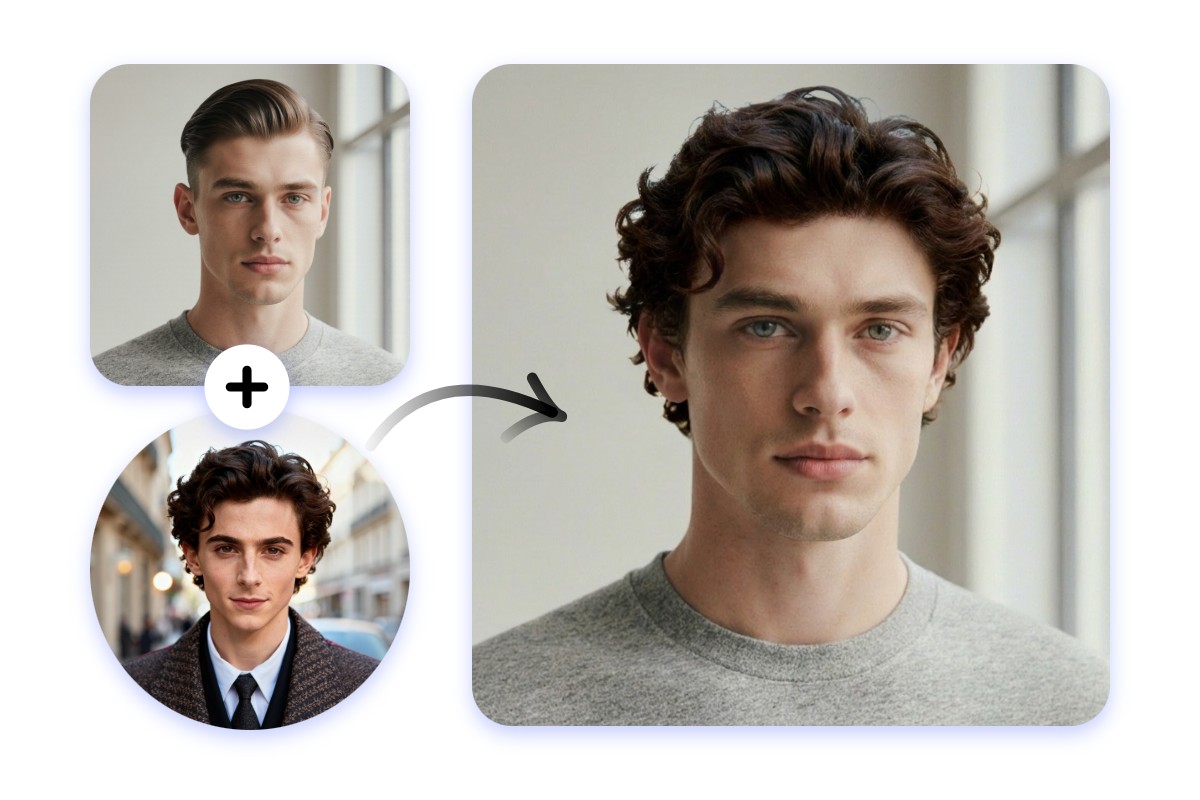 Transférer et fusionner des coiffures de célébrités ou tendances mettant en vedette un homme avec un effet de cheveux courts et bouclés