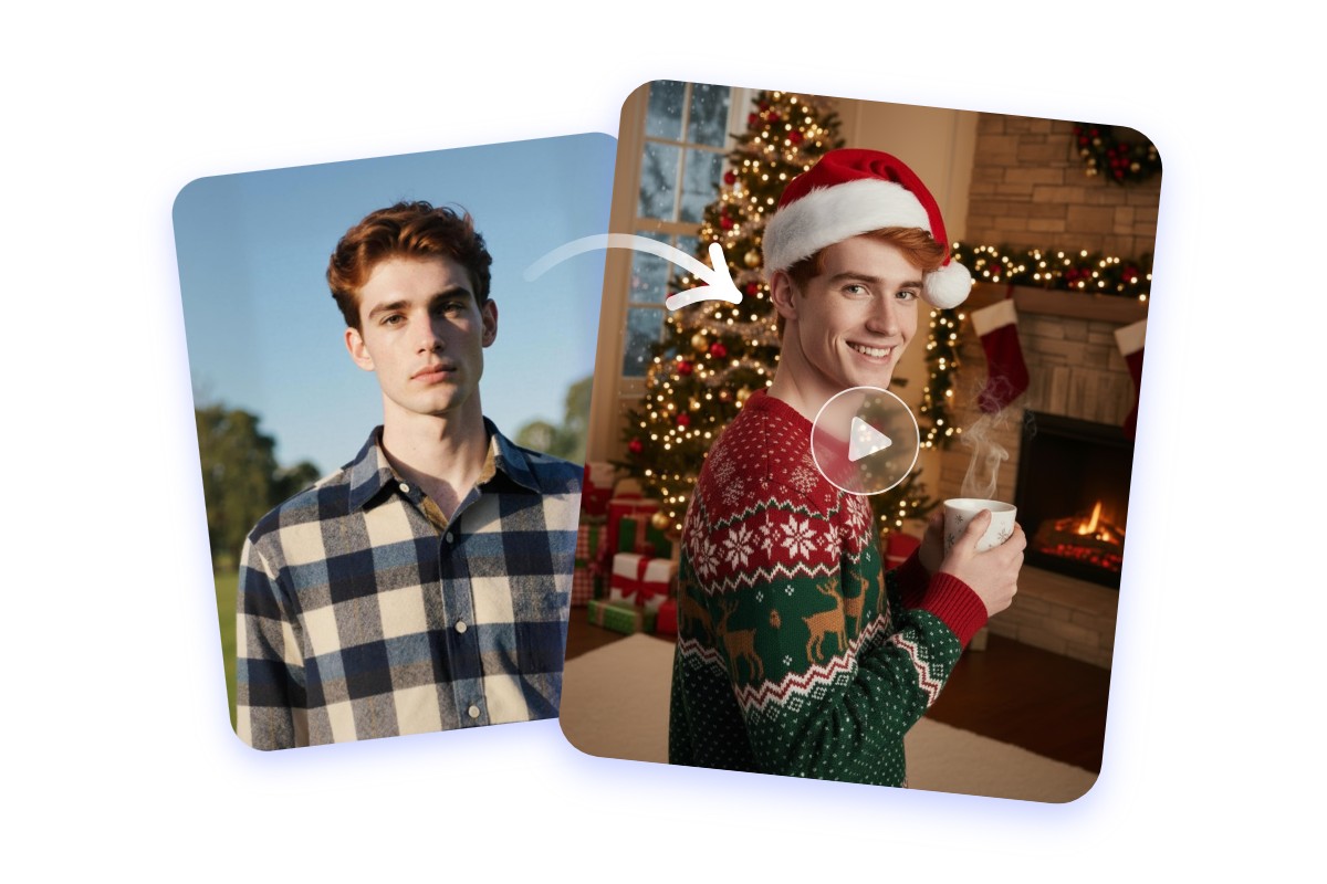 Füge weihnachtliche Outfits in das Gesicht eines Jungen im gemusterten Hemd hinzu und erstelle ein festliches Video