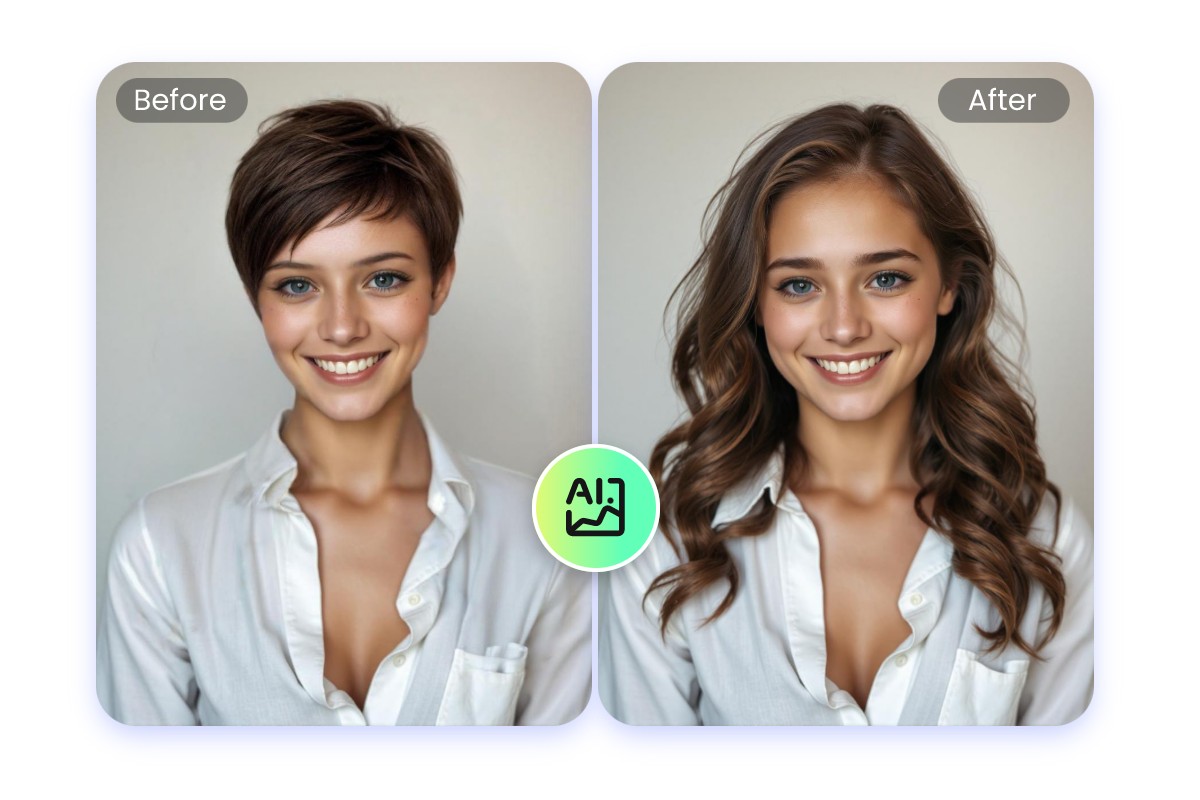 Simulation coupe de cheveux gratuite de Fotor pour transformer cheveux courts d'une femme en une coupe mi-longue ondulée