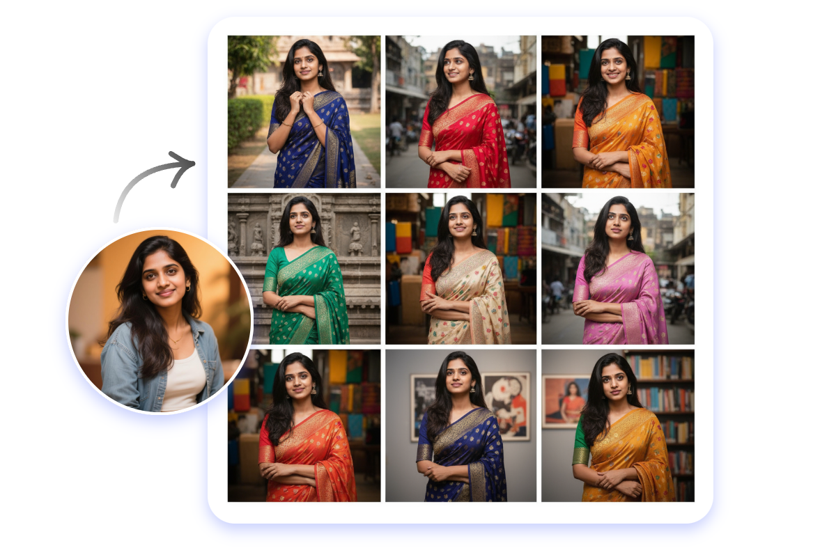 Tun an indian girl selfie into a nine grid photo with each frame showcasing different saree styling