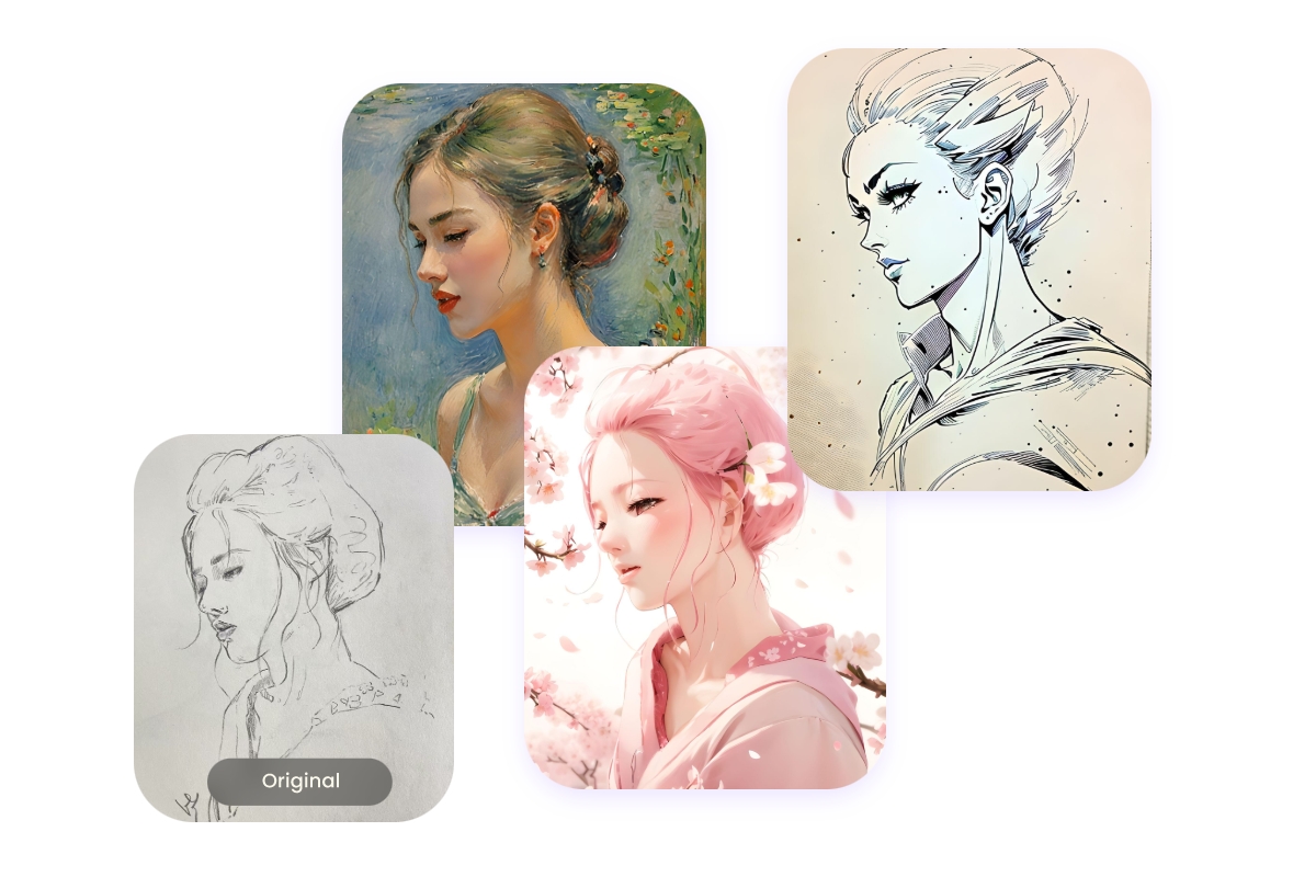 turn a sketch of a beautiful woman into a completed painting in different styles