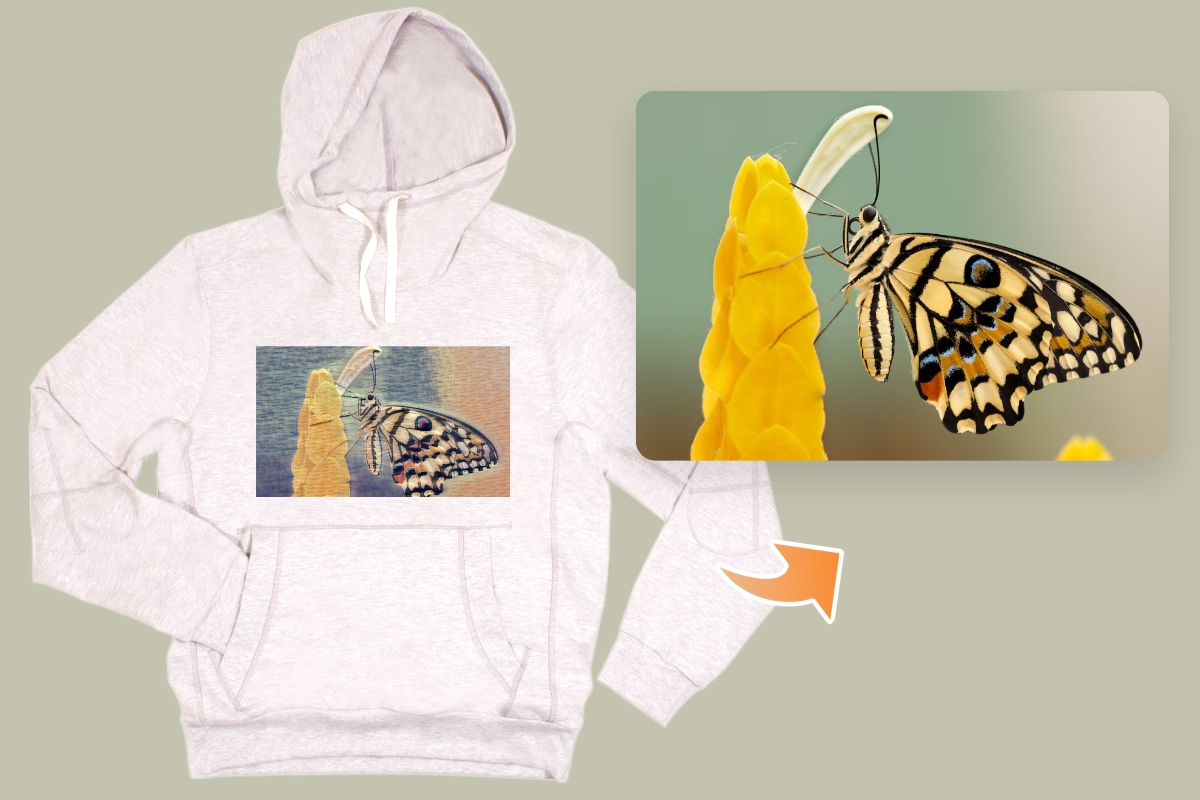 Turn a butterfly photo into a colored pencil drawing and print it on a hoodie