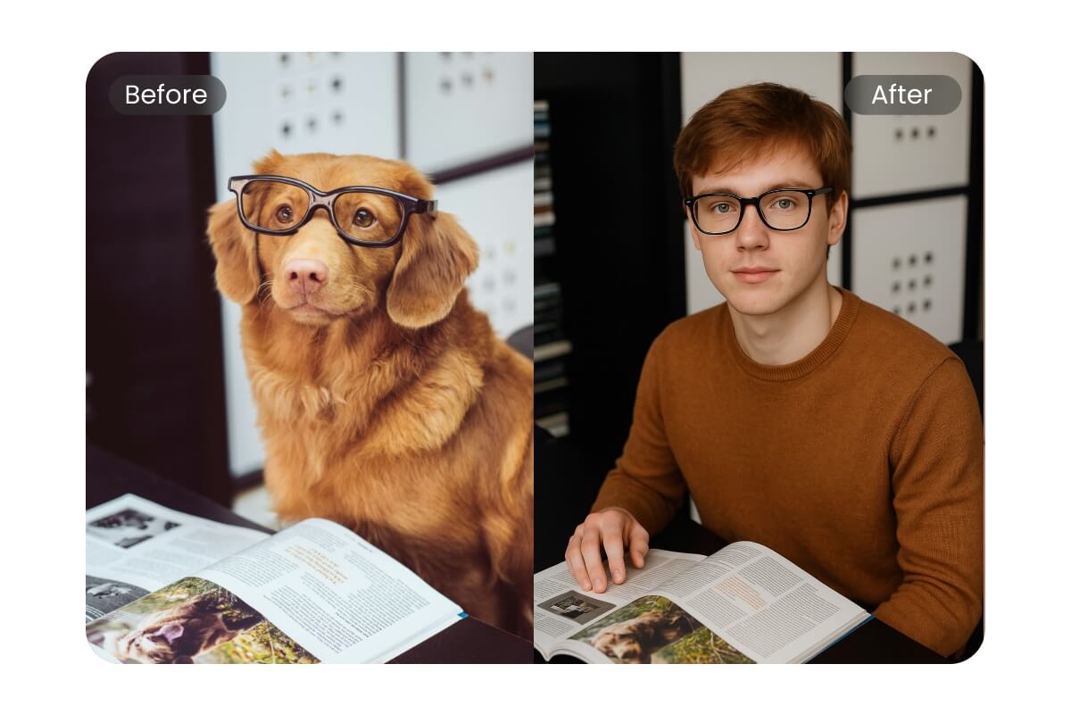 Turn a dog with glasses into a handsome man wears glasses