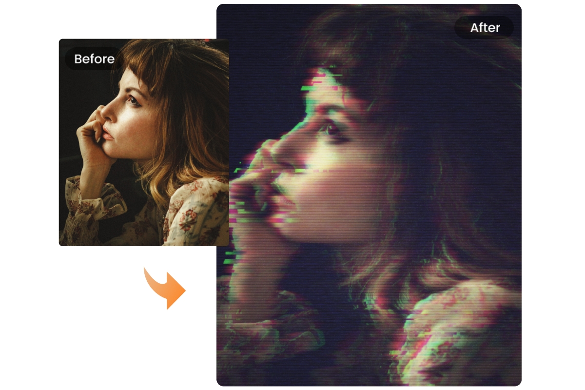 Turn a general woman portrait to a vintage glitch photo