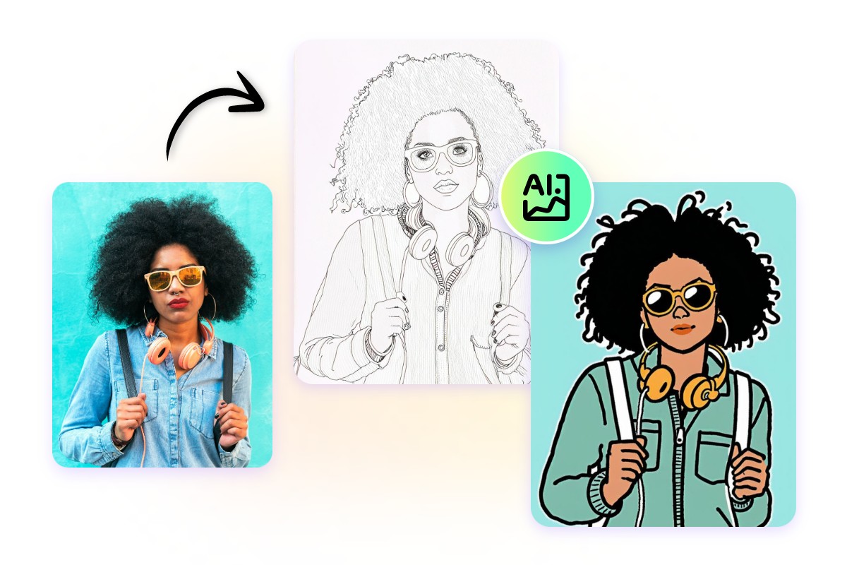 Turn a photo of a black lady with curly short hair into two doodle art pics