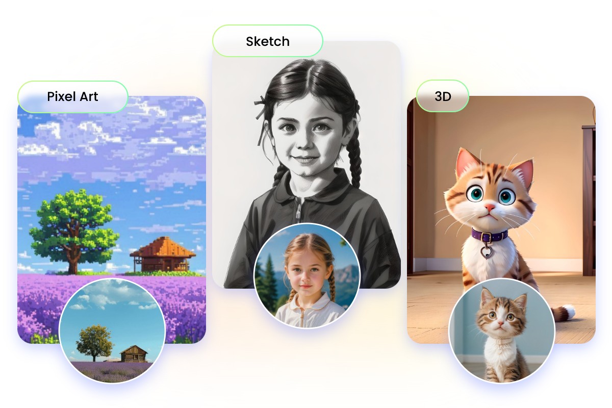Turn a pixel landscape a sketch girl and a 3d cat into real