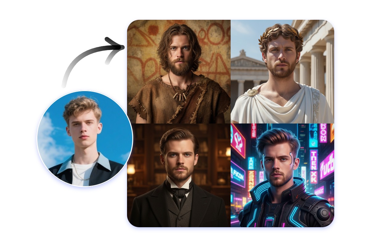 Turn a selfie of a man into a grid photo representing four different historical times