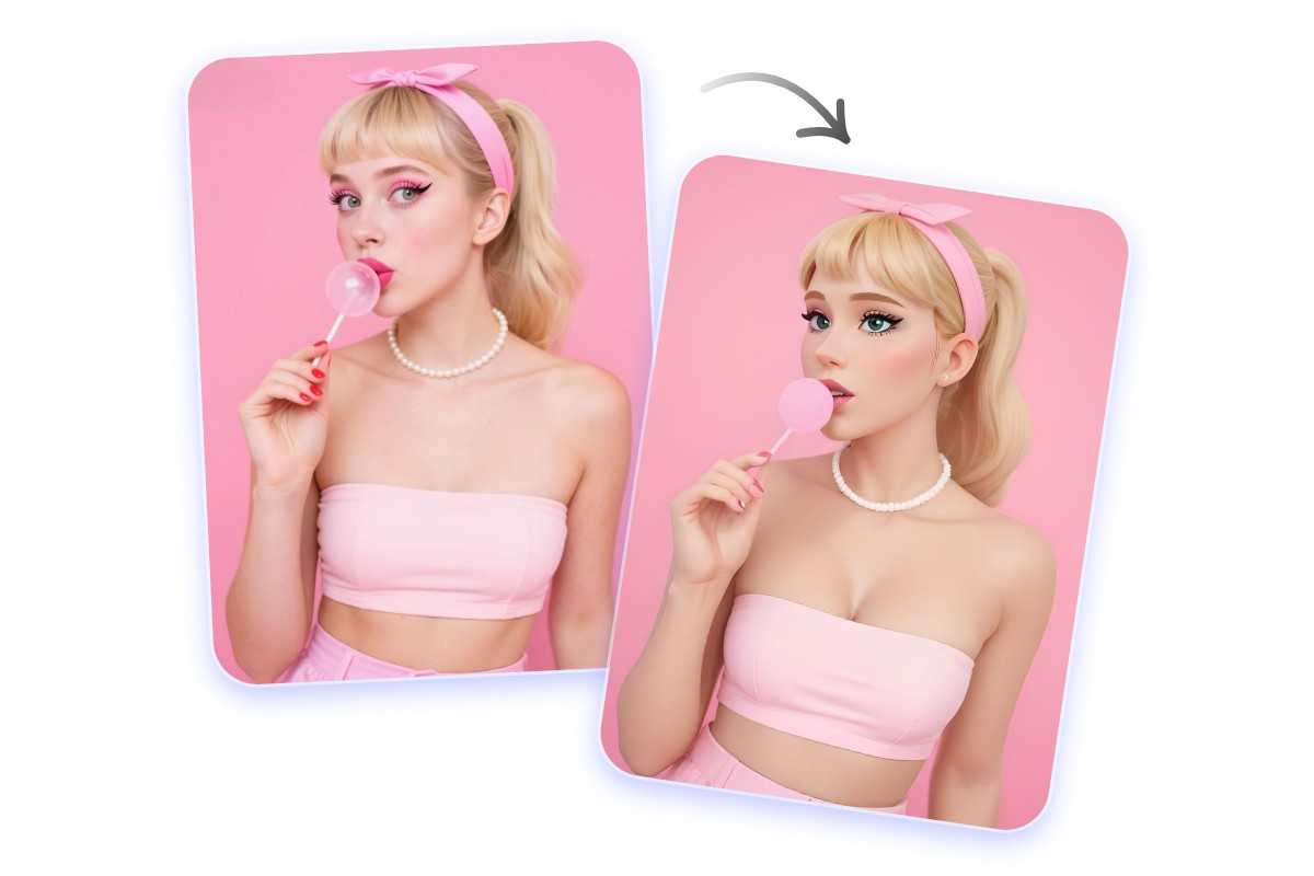 Mit dem Barbie-Filter von Fotor wird der Barbie-Look einer Frau mit rosa Hintergrund für Halloween kreiert