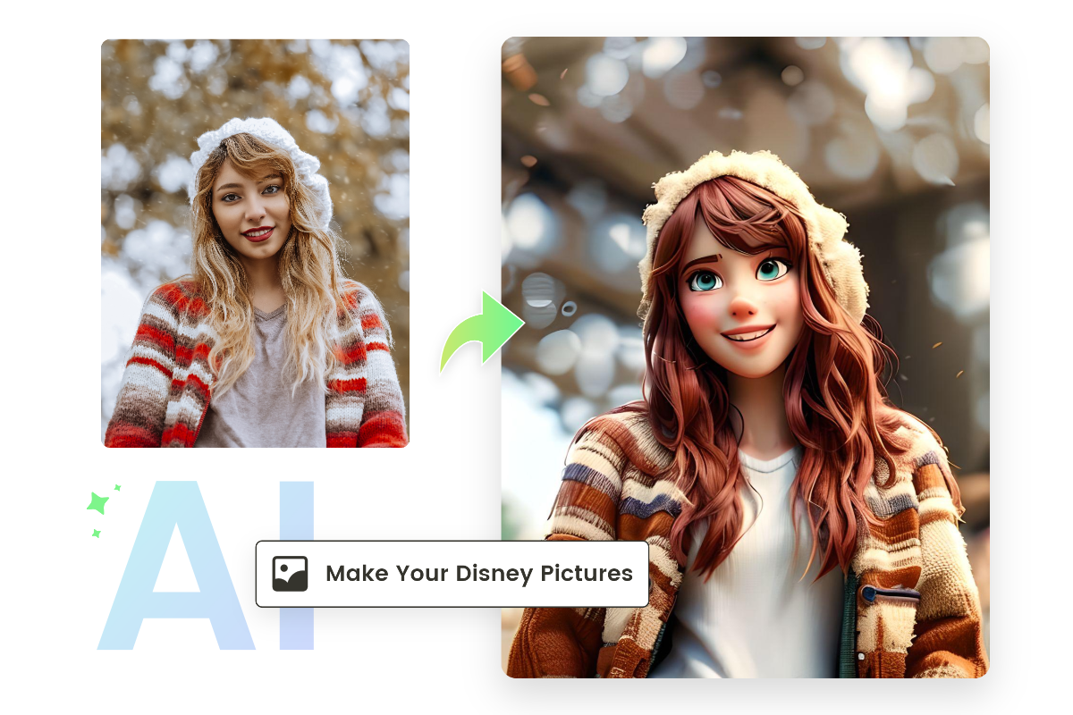 Verwandeln Sie ein Foto eines jungen Mädchens in ein Disney-Bild mit dem Fotor Disney Pixar KI-Bildgenerator