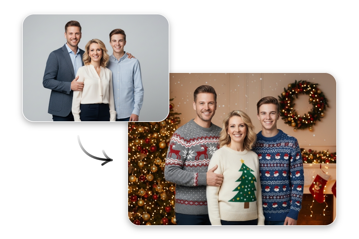 Turn an ordinary family photo to an ai christmas family visual