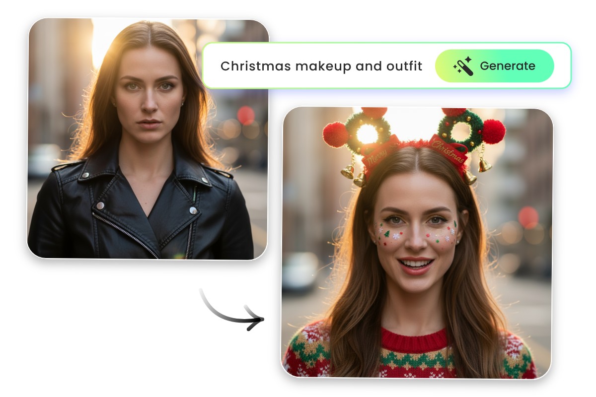 Turn an ordinary girl photo to an ai visual with a christmas makeup and outfit