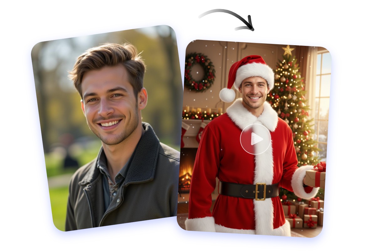 Turn an ordinary male portrait photo into an animated santa claus video