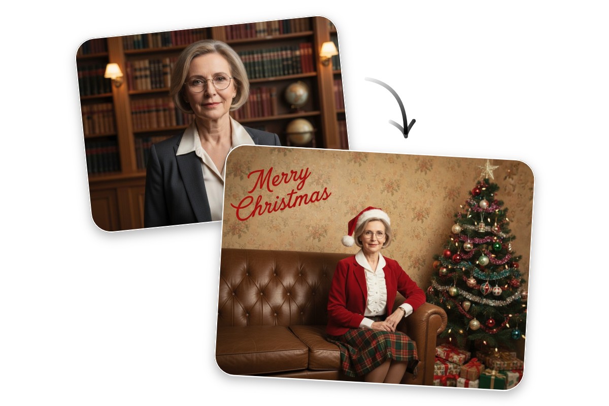 Turn an ordinary photo of a mature lady into an ai christmas card