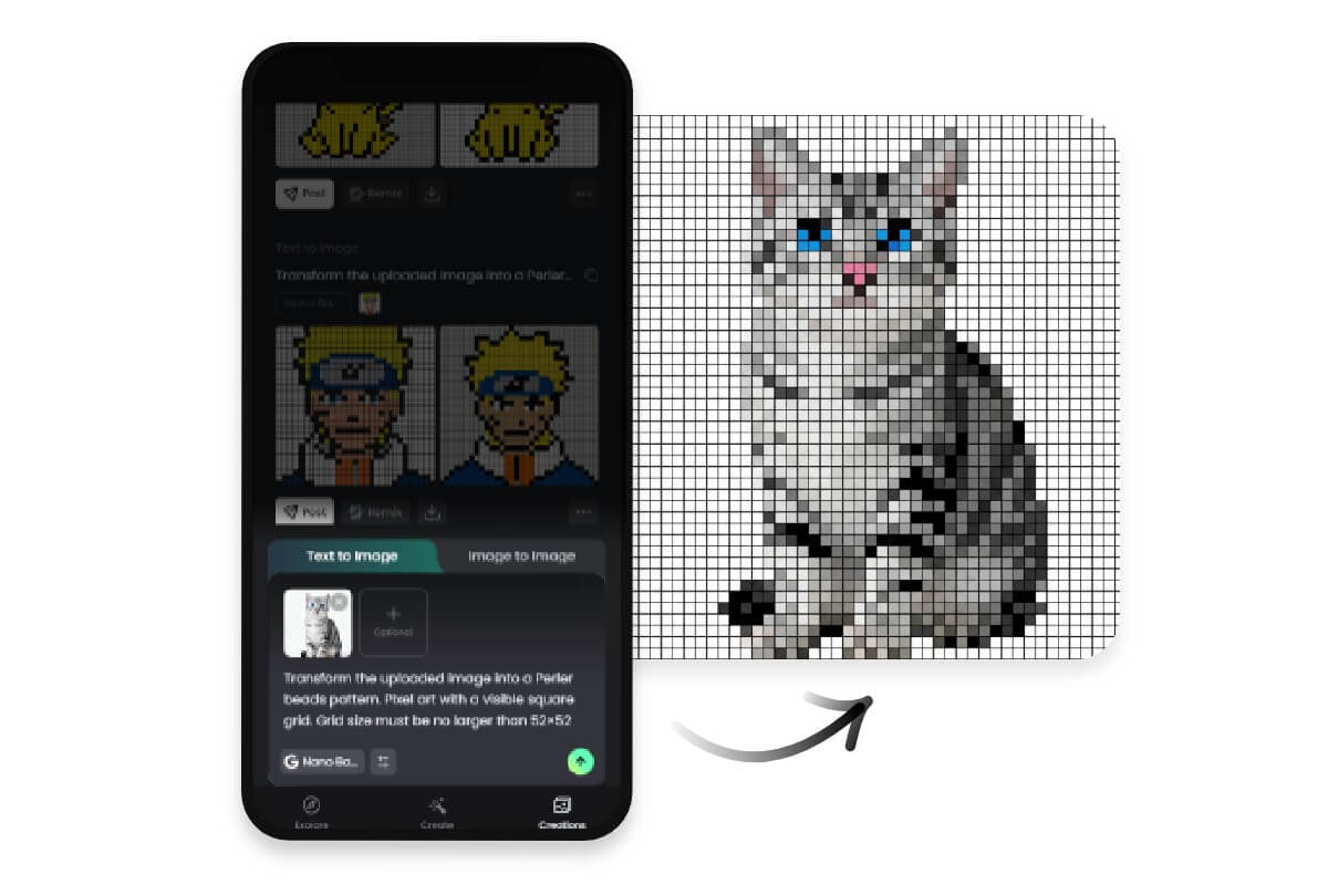 Turn cat image into pixel perler bead pattern on the phone
