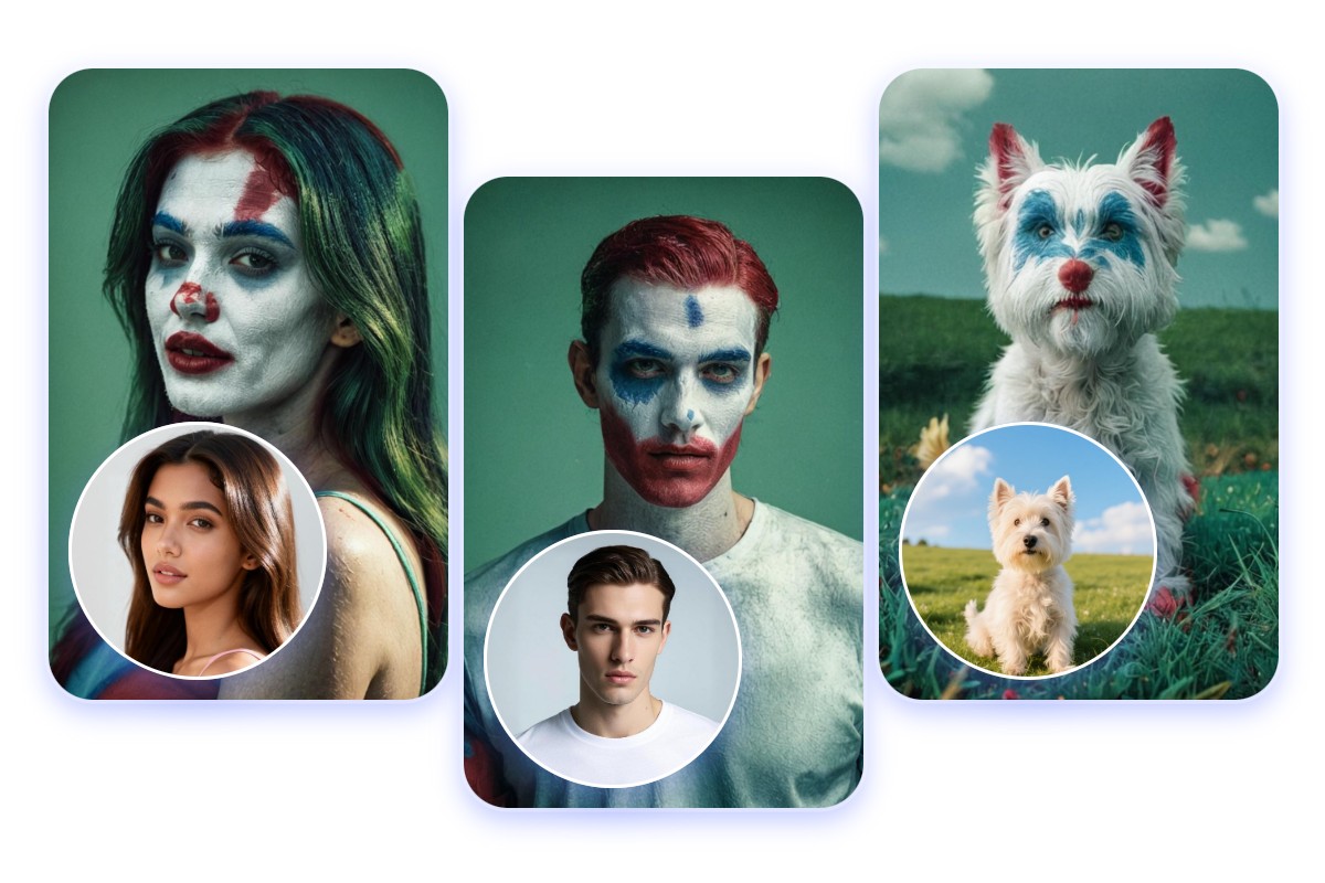 Fotos von verschiedenen Motiven werden mit dem Clown-Filter von Fotor in gruselige Clown-Bilder umgewandelt