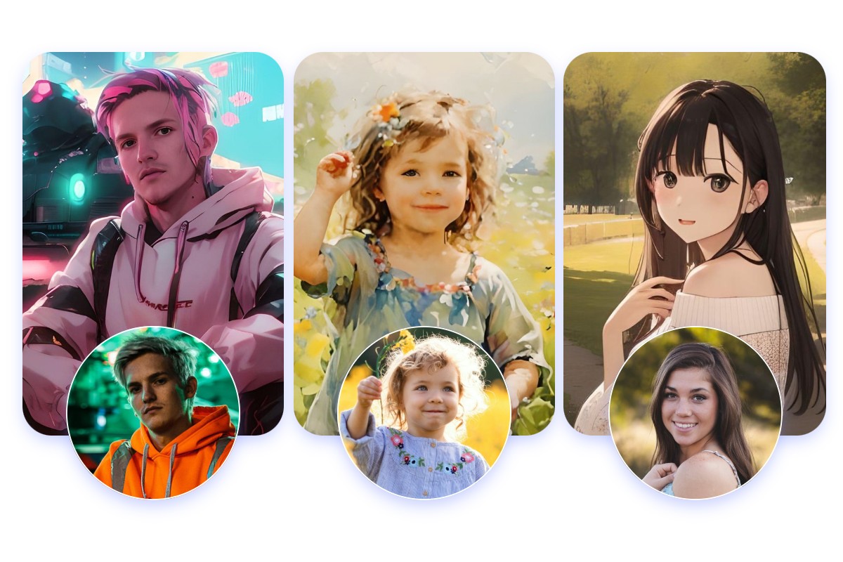 Turn photos of a man kid and girl into ai portrait art pictures in diverse styles