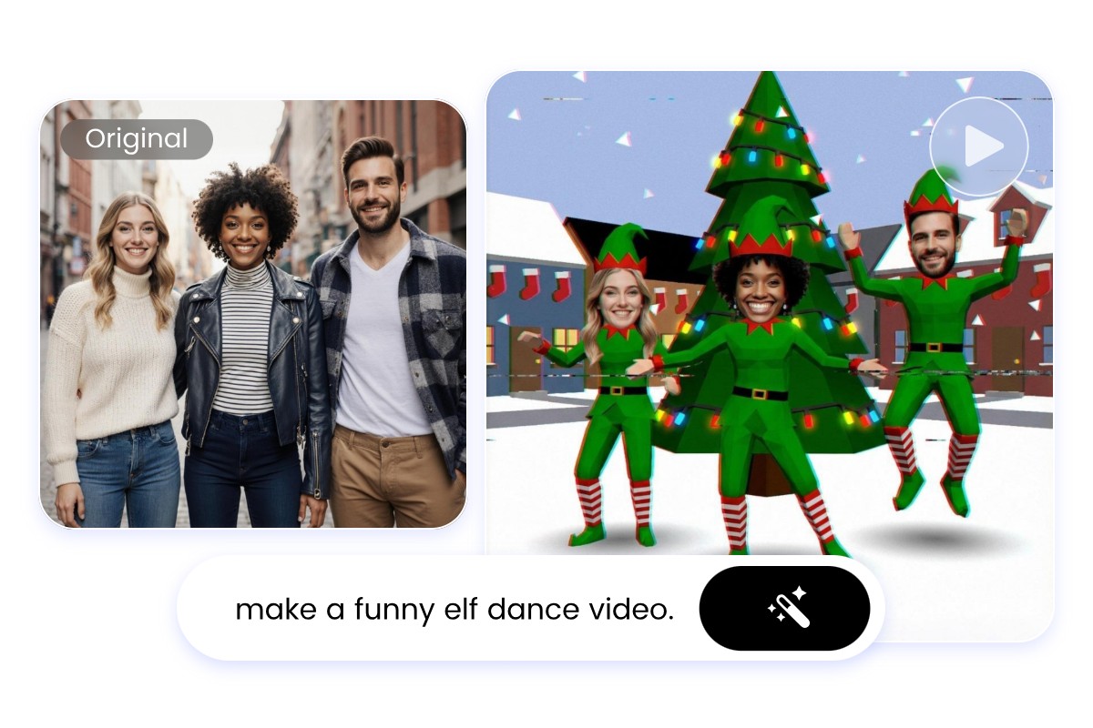 Turn the group photo into a dancing elves video with fotor elf video maker online free
