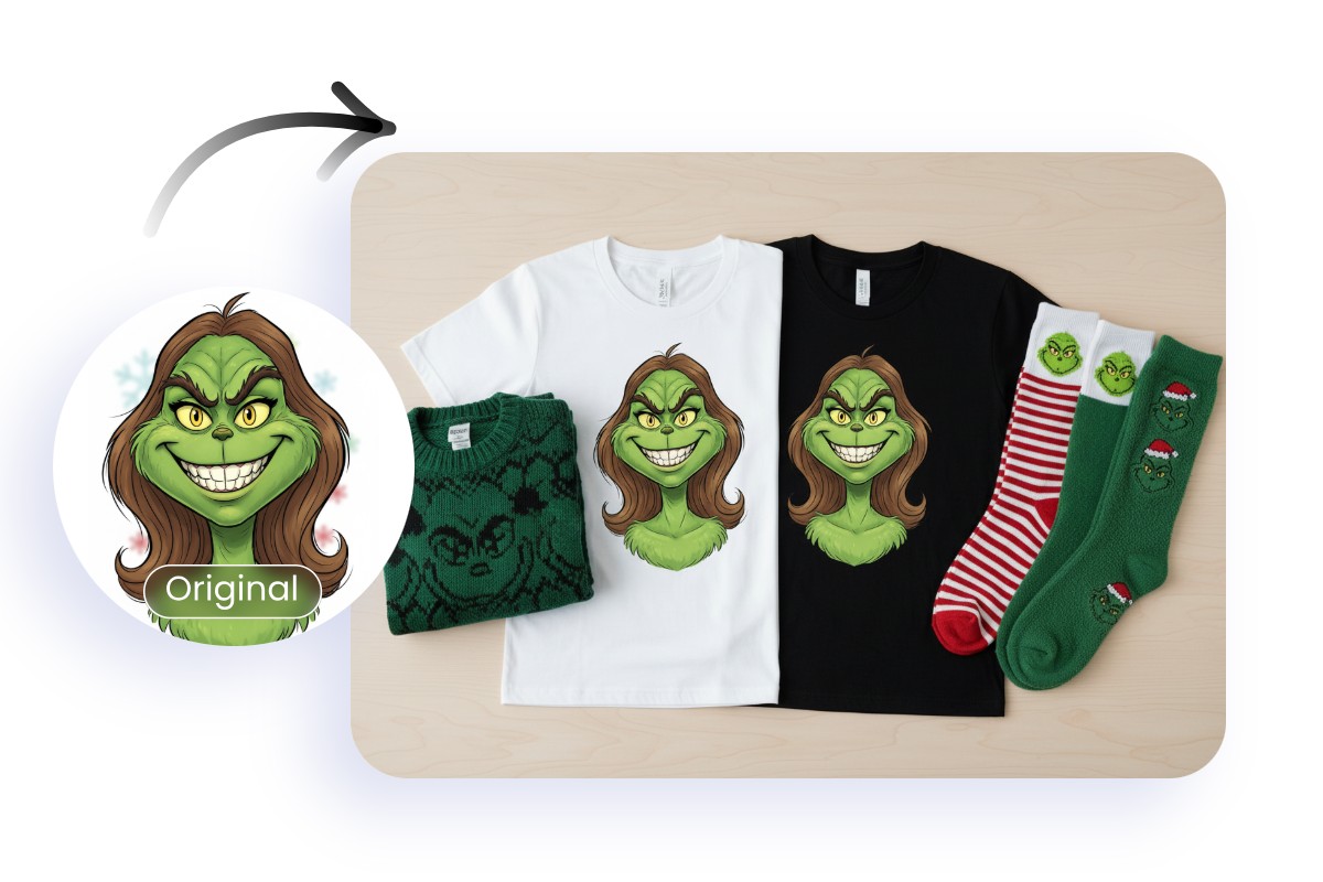 Turn your ai grinch visual into grinch merch mockups