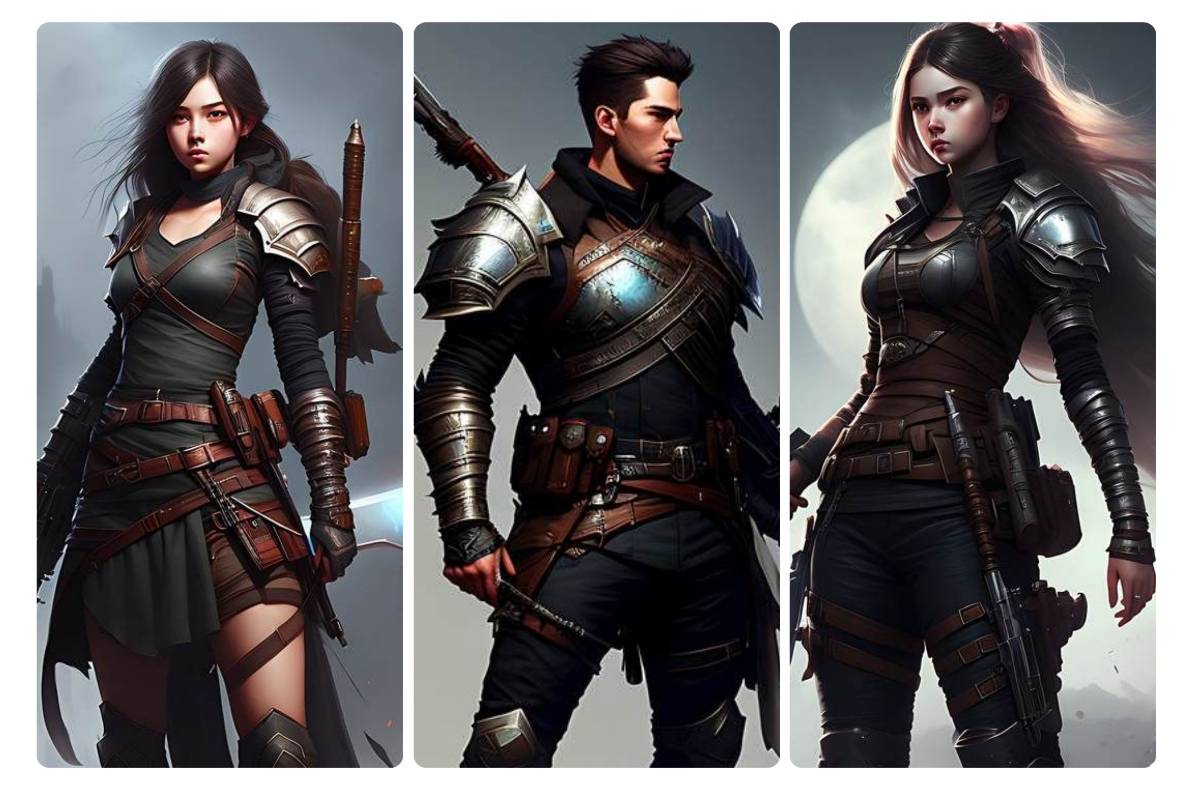 Dos personajes femeninos y uno masculino de videojuego generados en el generador de NPC de juego de Fotor