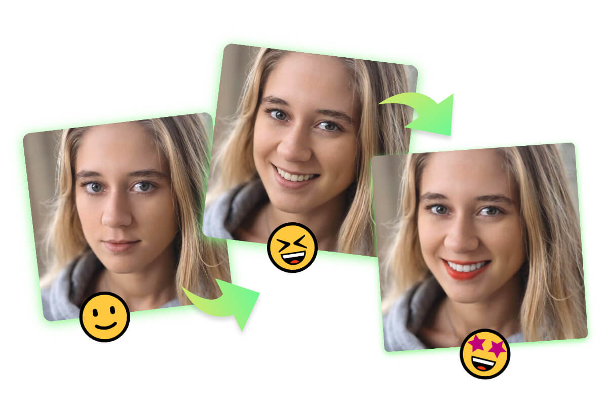 Utilize o gerador de sorrisos Fotors AI para alterar a expressão de uma rapariga e adicionar uma tonalidade aos lábios para aperfeiçoar a imagem sorridente