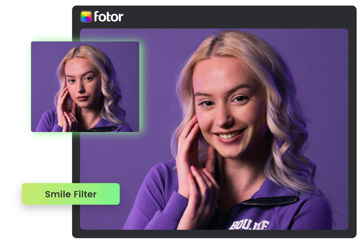 Utilize o filtro de sorriso AI online da Fotors para mudar a expressão de uma rapariga