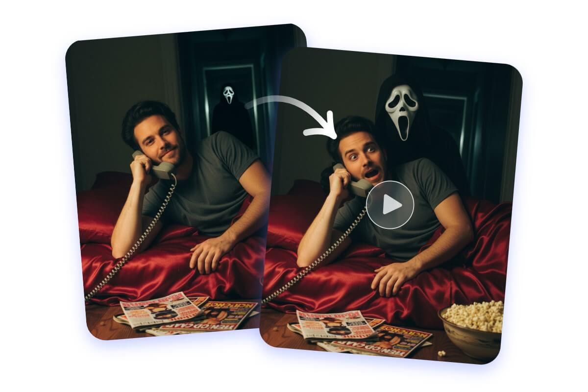 Utiliser une photo d'un homme en train de passer un appel téléphonique pour générer une vidéo d'horreur avec Ghostface derrière lui