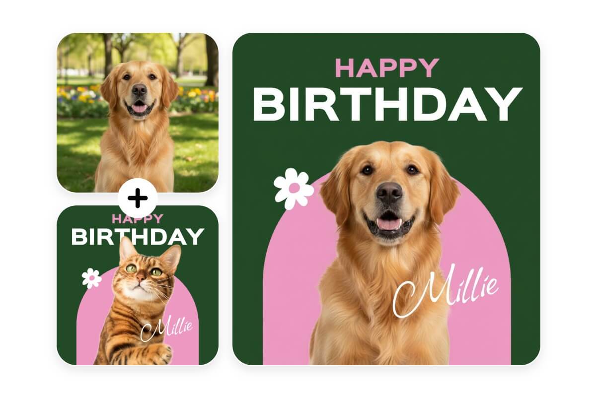 Use a puppy photo to create a template based on a cat birthday template image