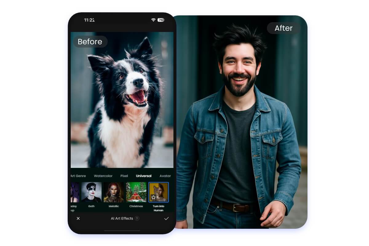 Use ai pet to human converter to turn a dog into a man on fotor app