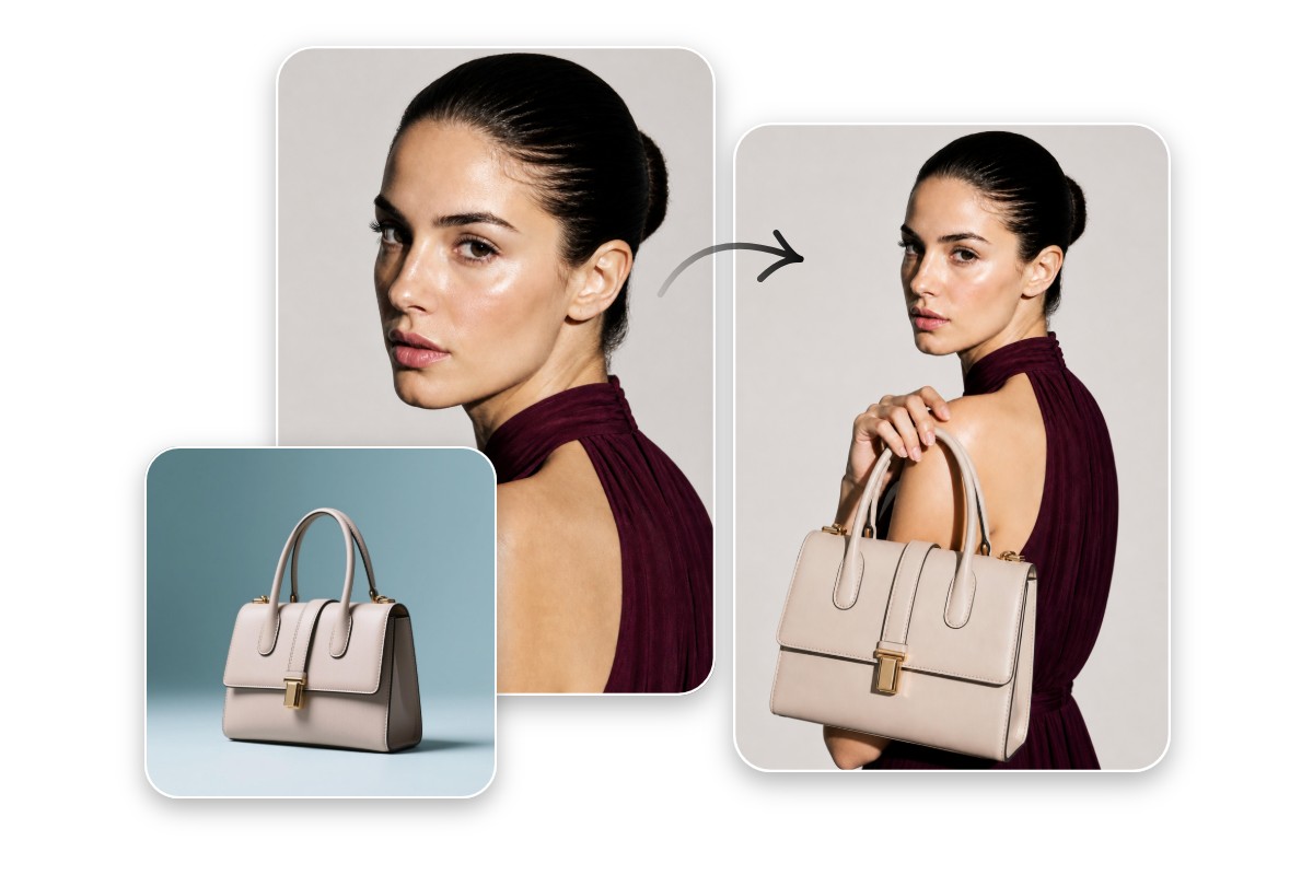 Use ai to combine a handbag product image and a model photo into one image