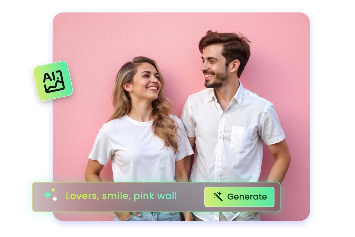 Use ai to generate a photo of a couple smiling in front of a pink wall