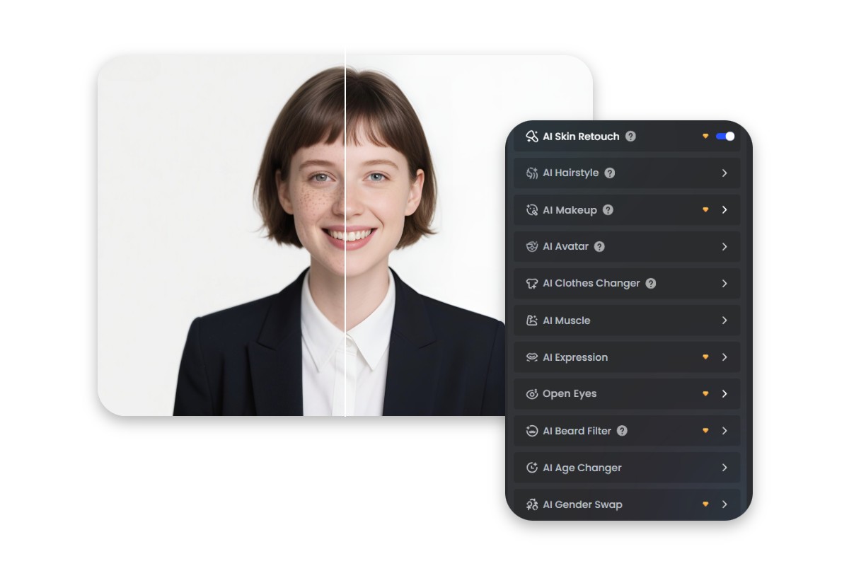 Use an ai retouching tool to smooth the skin of a woman in a resume photo