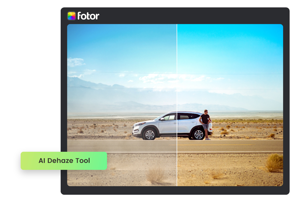 Use fotor ai dehaze tool to remove haziness from the man next to the car photo