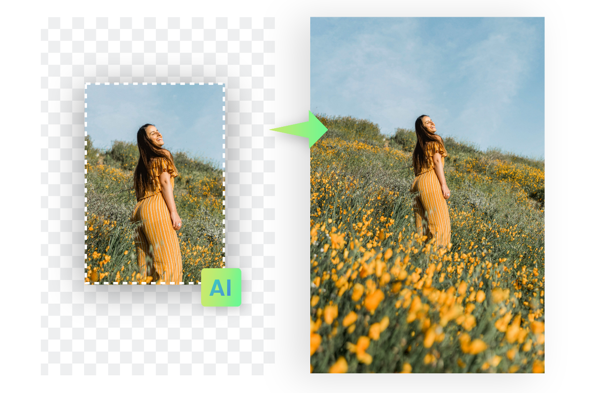 Usa l'estensione immagine fotor ai per espandere la posizione femminile negli sfondi dei tulipani