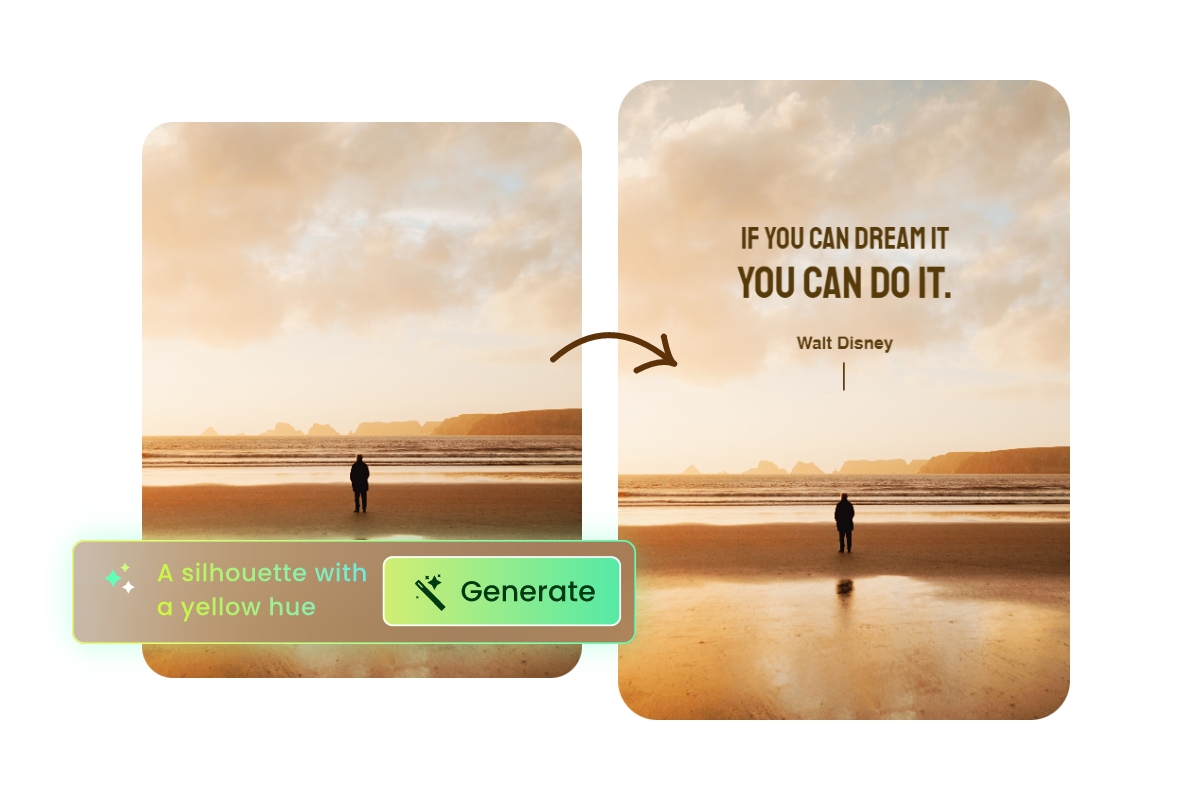 Use fotor ai image generator to create an ai poster about a man standing in front of sea at dawn