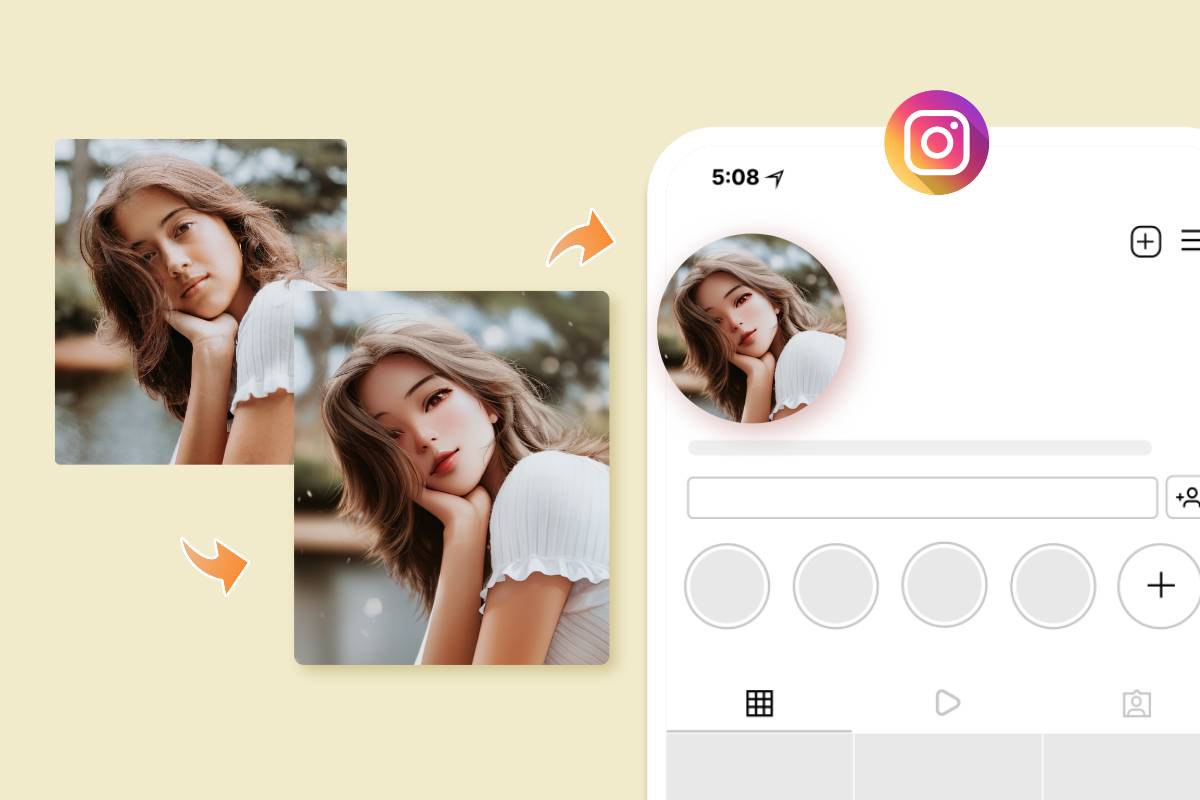 Use fotor ai image style transfer tool to transfer the ai cartoon image style to a female portrait and set it as the instagram avatar