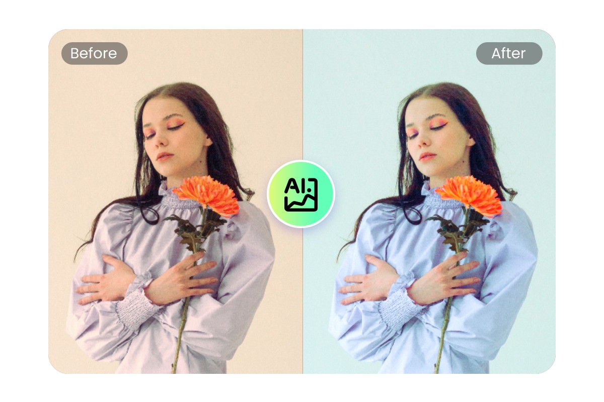 Çiçek tutan bir bayanın fotoğrafının rengini düzeltmek için fotor ai one tap enhancer kullanın