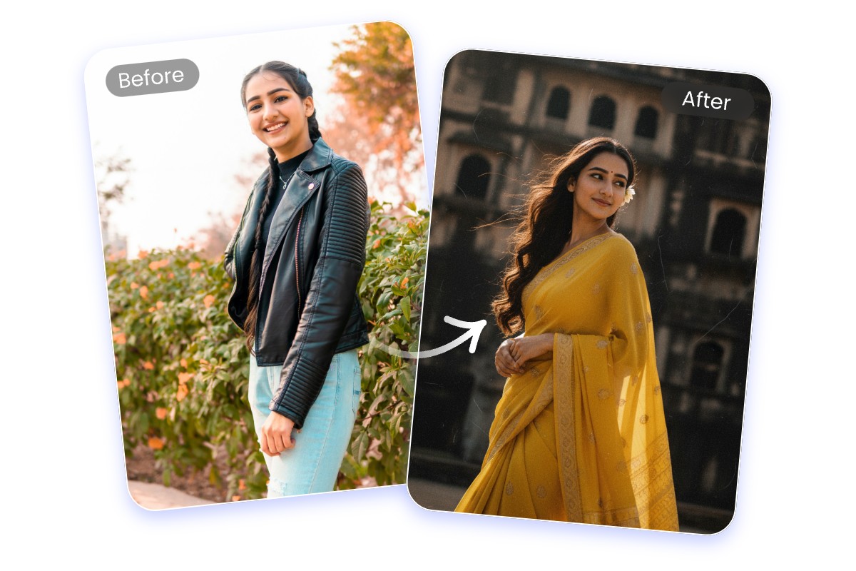 Use fotor ai saree photo generator to turn the photo of an indian girl wearing jacket into an image of her in yellow saree