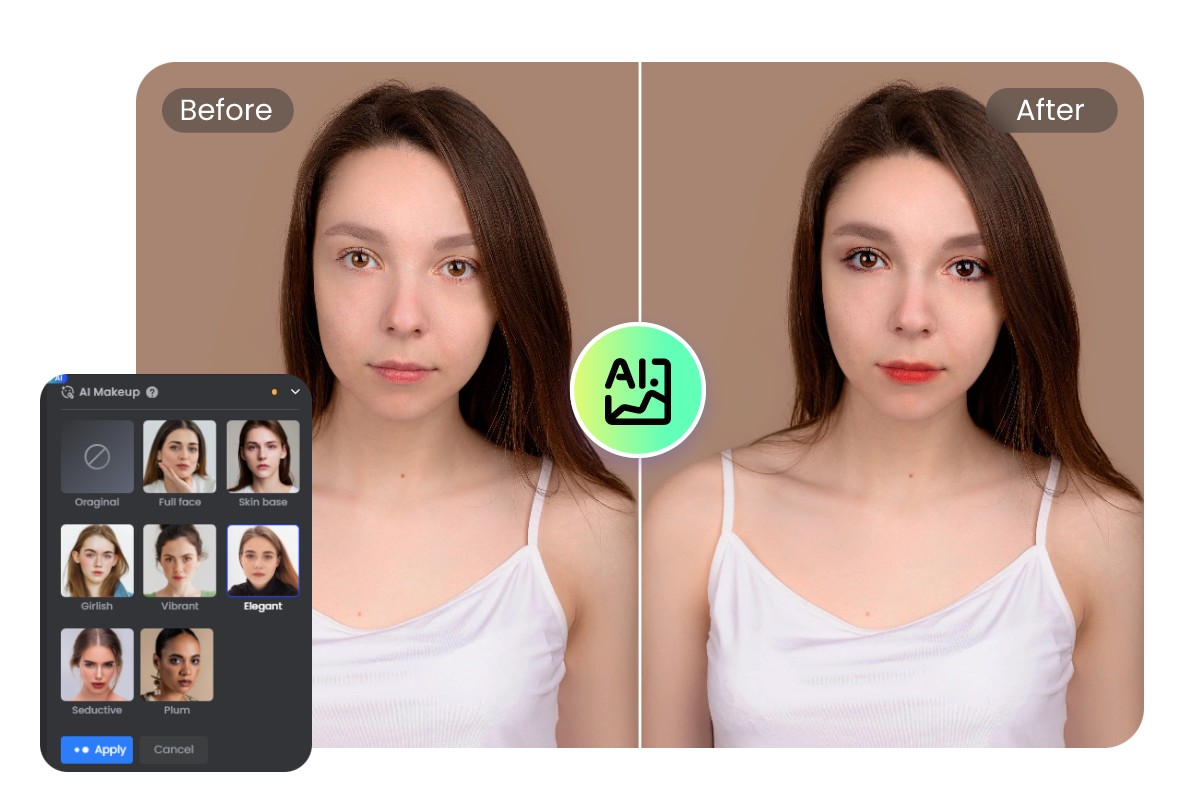 Siyah saçlı bir bayanın fotoğrafına ai makyaj filtresi eklemek için fotor ai kullanın