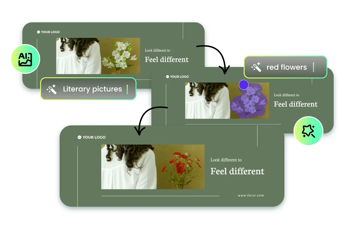 Use fotor ai to generate a facebook cover photo featuring the half body of a lady in a white shirt in a green bg