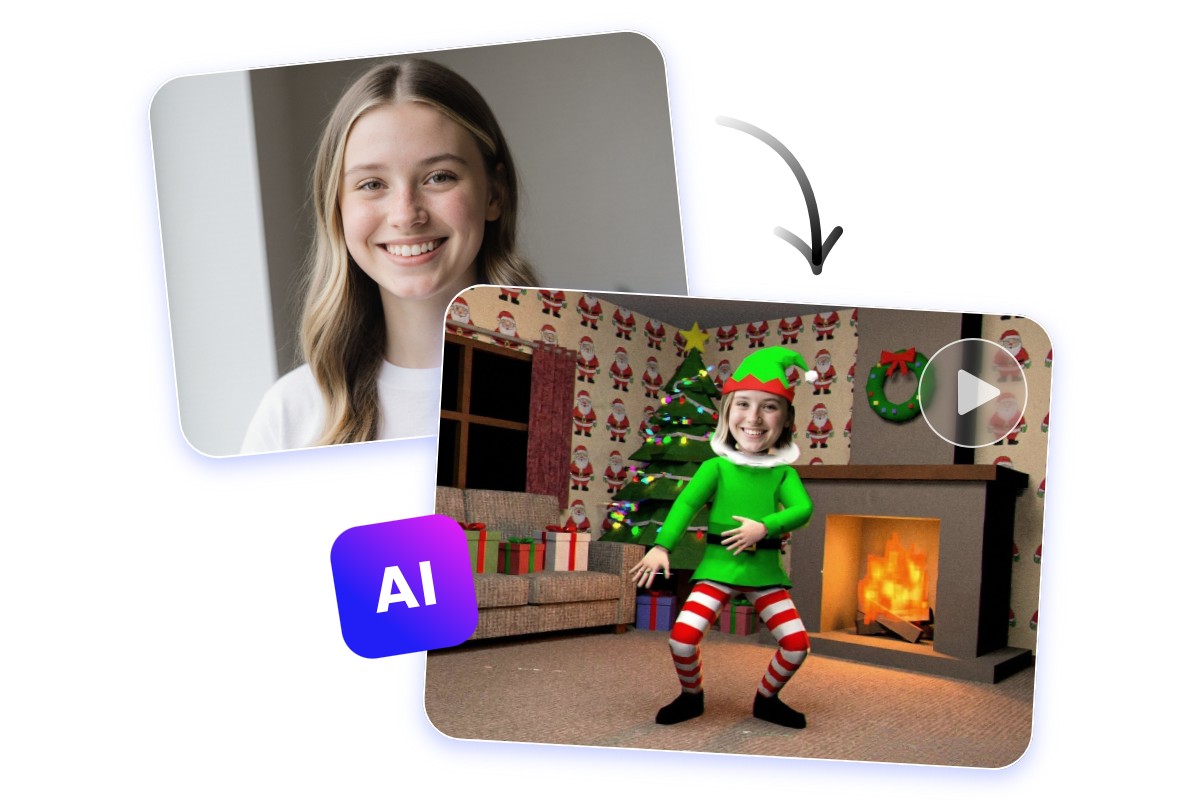 Use fotor elf yourself online video maker to turn a female portrait into a cheerful dancing elf video
