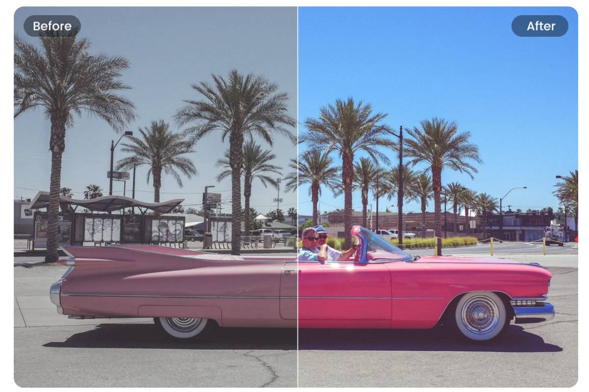 Use fotor image recolor tool to recolor light color car in the old photo to the barbie pink