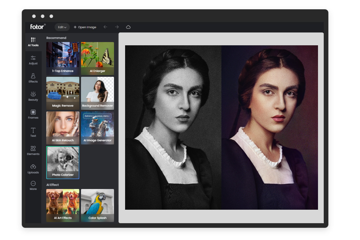 Utiliza el colorizador de fotos online de Fotor para añadir color a la imagen en blanco y negro de la mujer