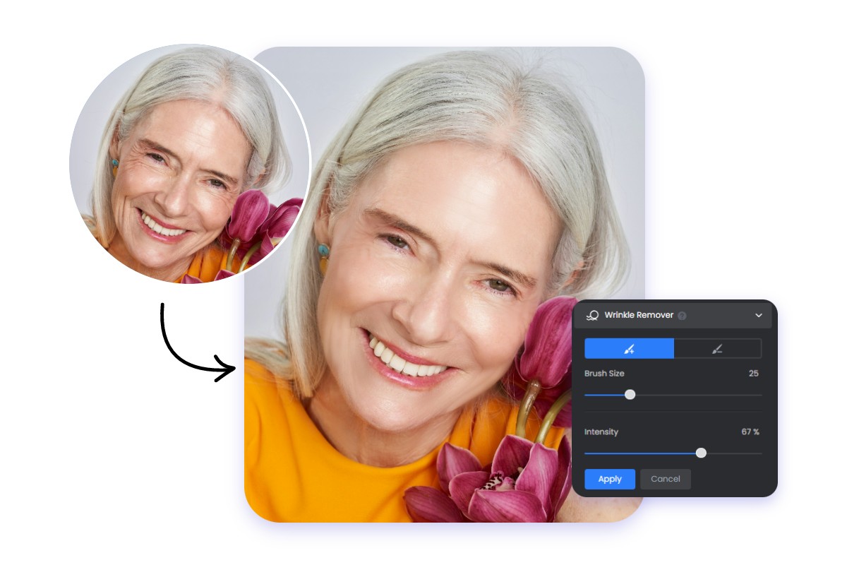 Beyaz saçlı ve kırışıklıkları olan bir bayanın fotoğrafının kırışıklıklarını gidermek için fotor kullanın