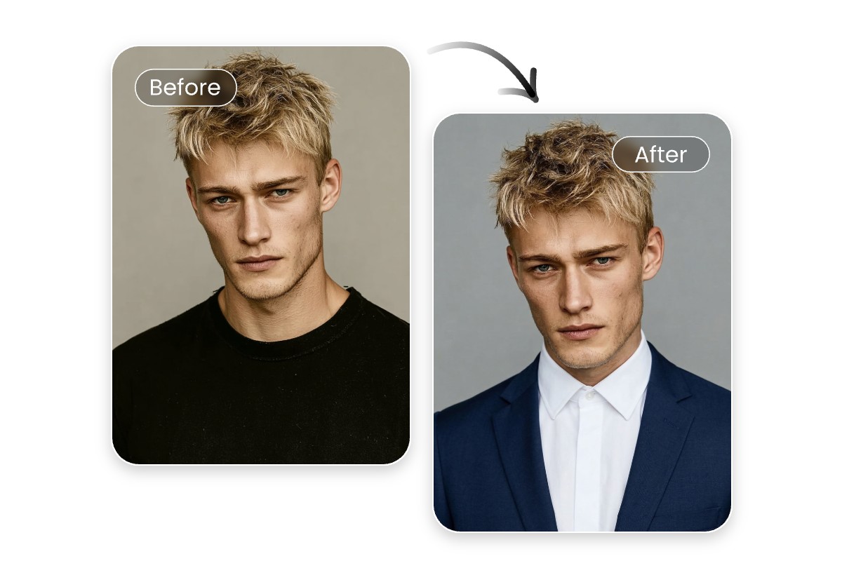 Use fotors ai clothes changer to transform ordinary photos into professional headshot with formal attire