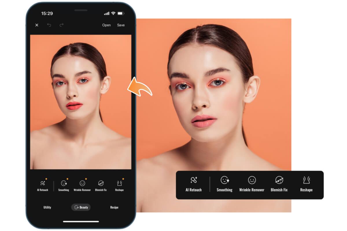 Verwende Fotors Gesichtseditor-App zum Bearbeiten des Gesichts einer Frau