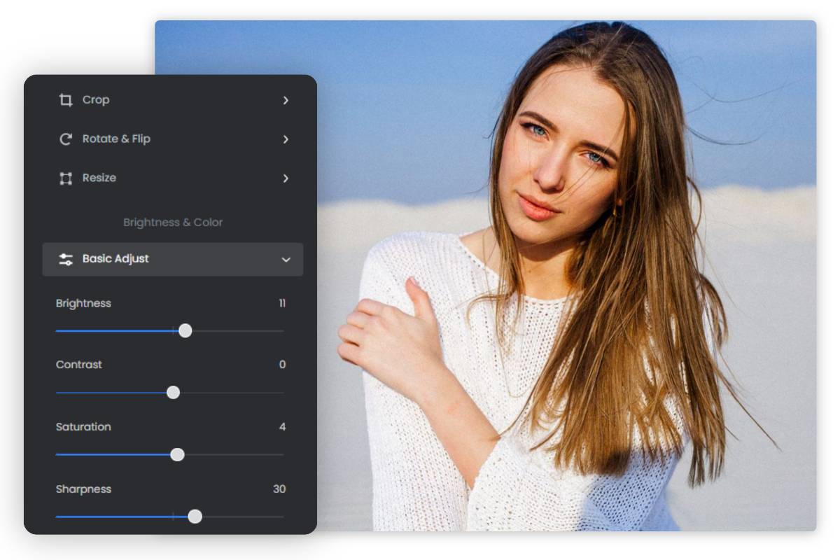 Use photo editing tools like corpping resizing and adjust the girl image brightness and color